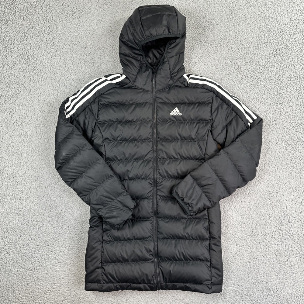 Adidas Hooded Down Puffer Jacket Men Small Black Striped Logo Full Zip GH4604